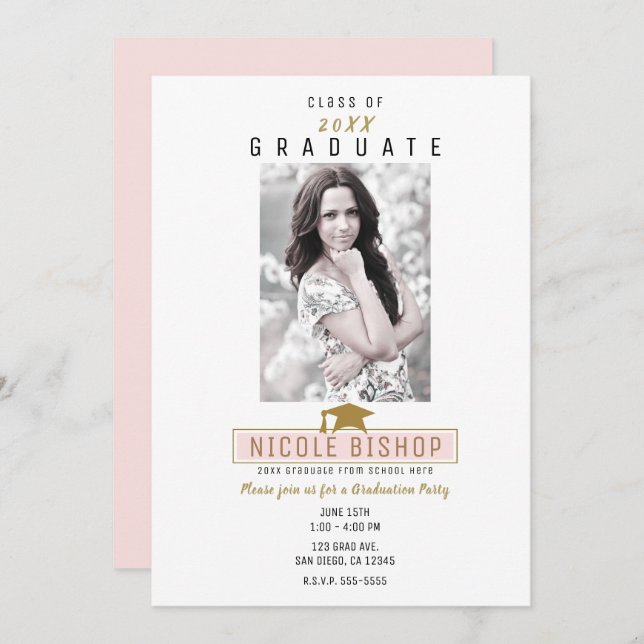 Pink Gold White Minimal Photo Graduation Party  Invitation (Front/Back)