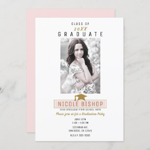 Pink Gold White Minimal Photo Graduation Party Invitation