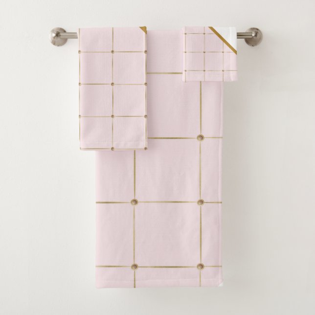 PINK GOLD WHITE PATTERNED PANEL BATHROOM TOWEL SET (Insitu)