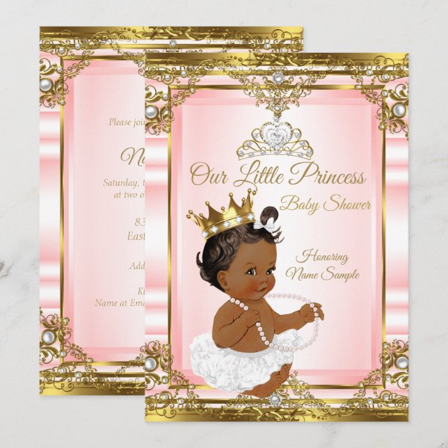 Pink Gold White Pearl Princess Baby Shower Ethnic Invitation (Front/Back)
