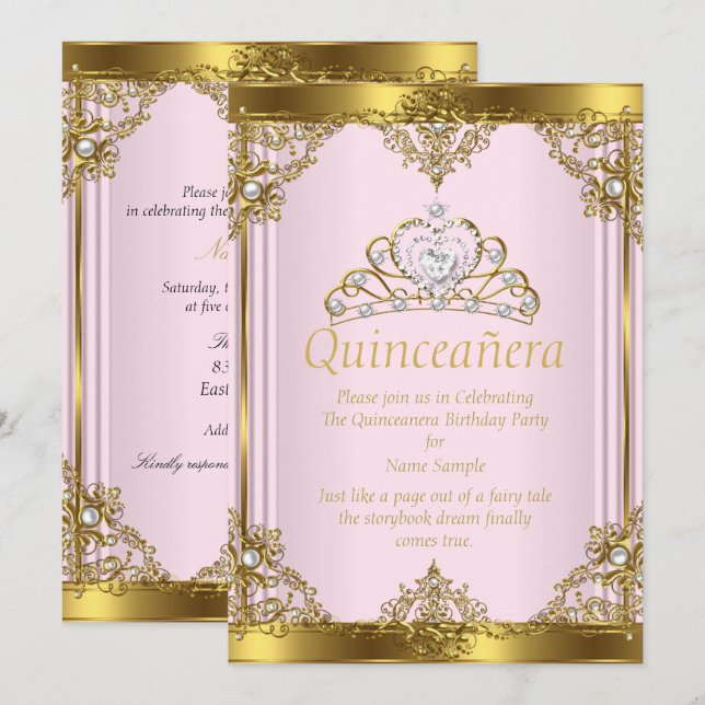 Pink Gold White Pearl Princess Quinceanera 2 Invitation (Front/Back)