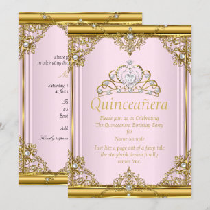 Pink Gold White Pearl Princess Quinceanera Blush Invitation