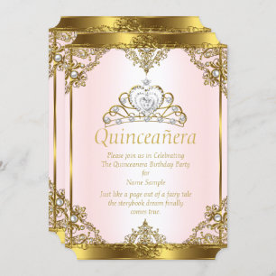Pink Gold White Pearl Princess Quinceanera Invitation