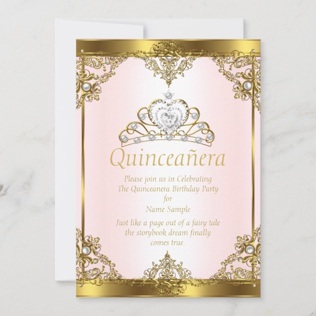 Pink Gold White Pearl Princess Quinceanera Invitation (Front)