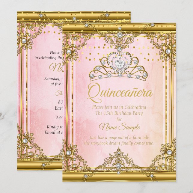 Pink Gold White Pearl Tiara Quinceanera Invite (Front/Back)
