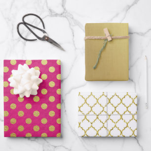 PINK GOLD WHITE POLKA DOTS & DIAMOND PATTERN WRAPPING PAPER SHEET