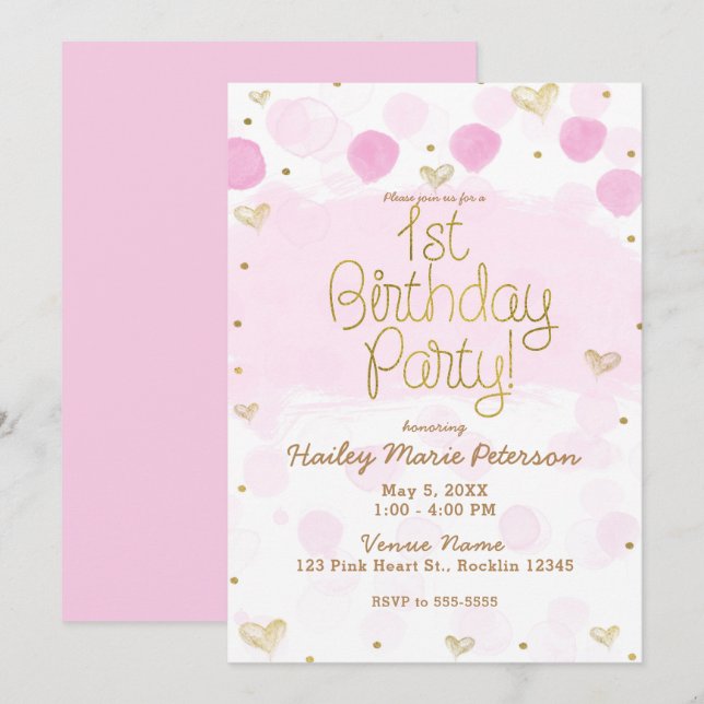 Pink Gold White Polka Dots & Hearts 1st Birthday Invitation (Front/Back)