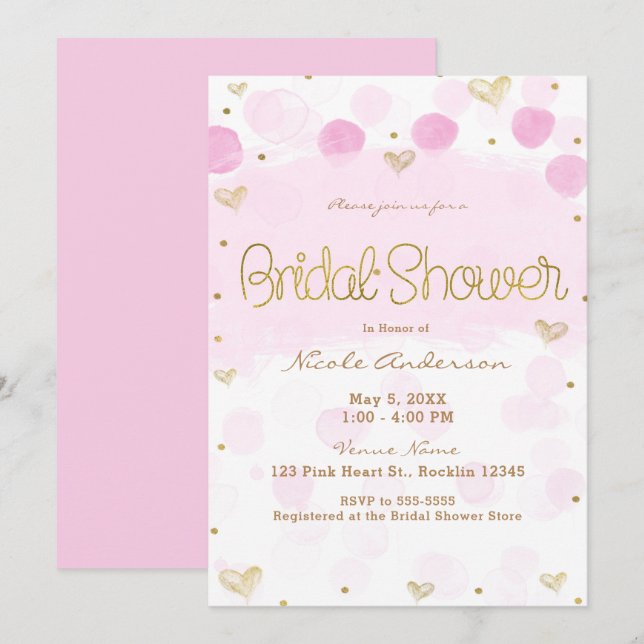 Pink Gold White Polka Dots & Hearts Bridal Shower Invitation (Front/Back)