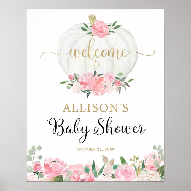 Pink gold white pumpkin baby shower welcome sign (Front)