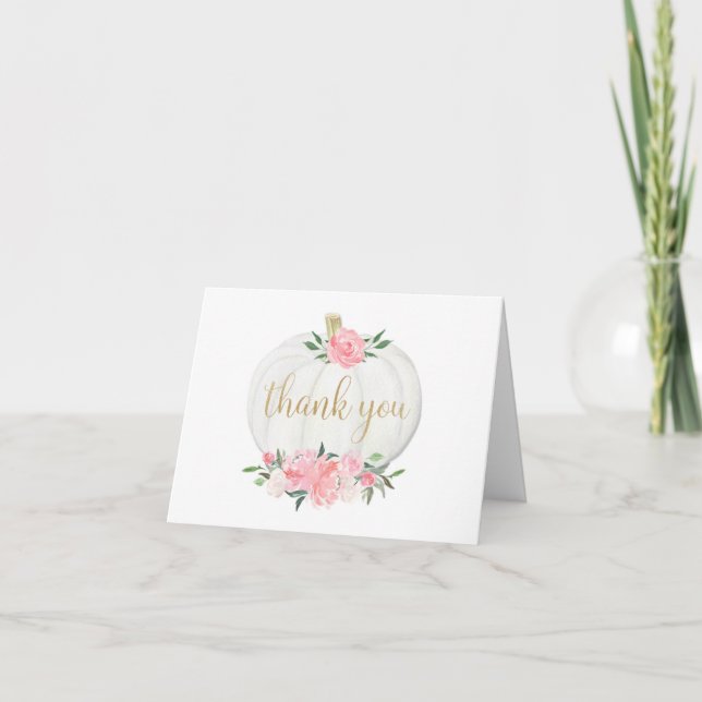 Pink gold white pumpkin fall floral thank you card (Front)