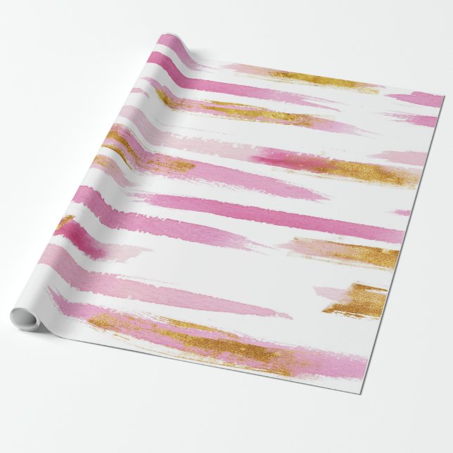 Pink Gold & White Watercolor Paint Stripes Pattern Wrapping Paper (Unrolled)