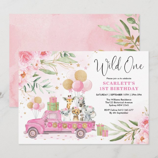 Pink Gold Wild One Jungle Safari Girl 1st Birthday Invitation (Front/Back)