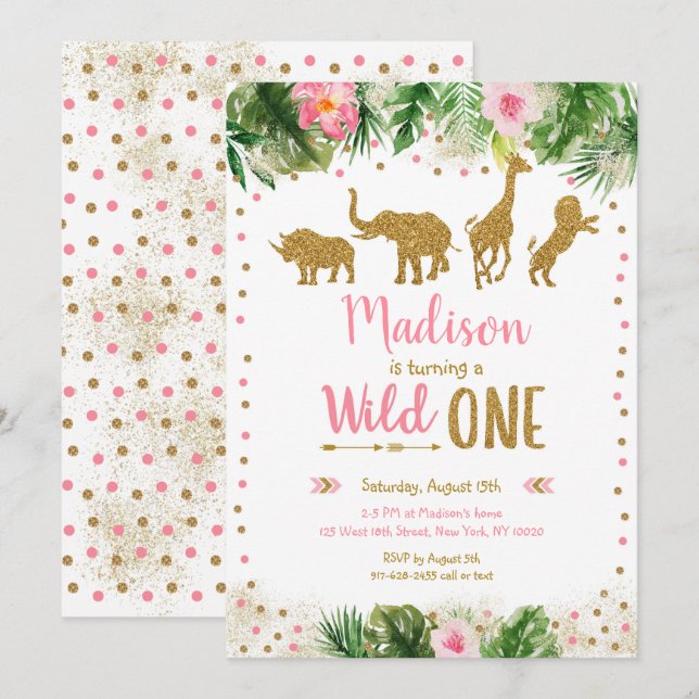 Pink & Gold Wild One Safari First Birthday Invitation (Front/Back)