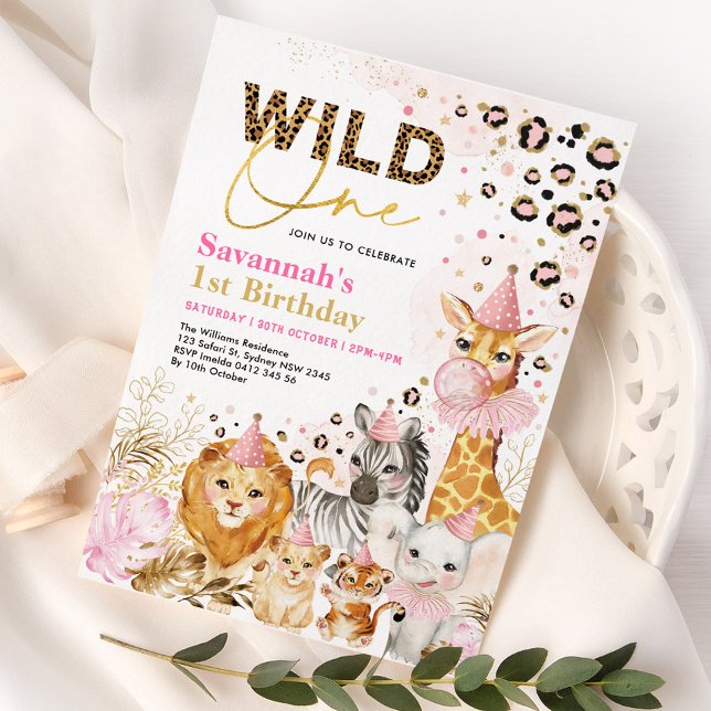 Pink Gold Wild One Safari Party Animals Birthday Invitation (Creator Uploaded)