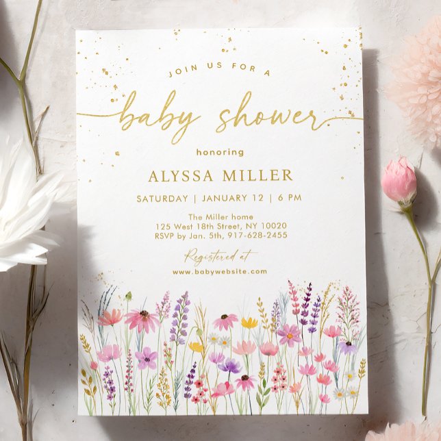 Pink Gold Wildflower Meadow Baby Shower Invitation (Creator Uploaded)