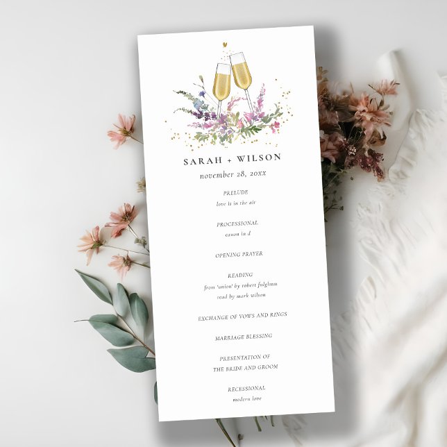 Pink Gold Wine Glasses Floral Wedding Program Thank You Card (Creator Uploaded)