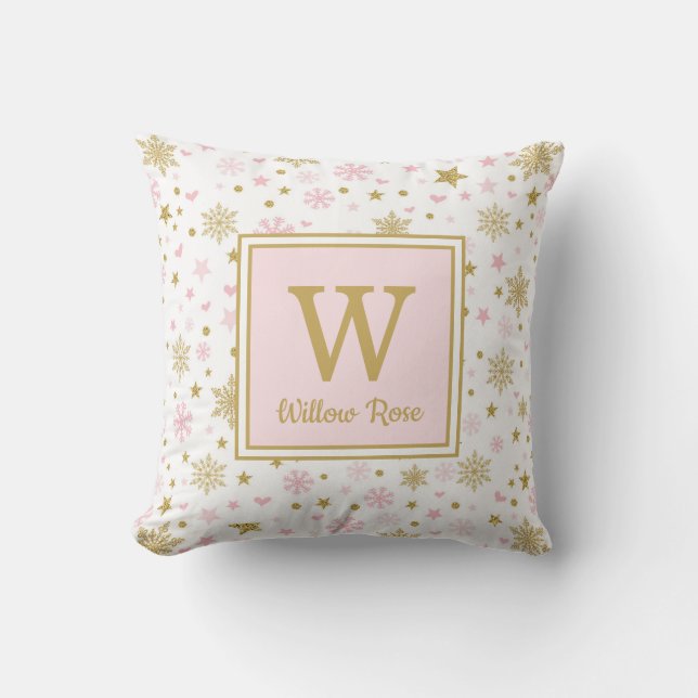 Pink Gold Winter Elephant Snowflake Monogram Cushion (Front)