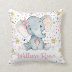 Pink Gold Winter Elephant Snowflake Monogram Cushion