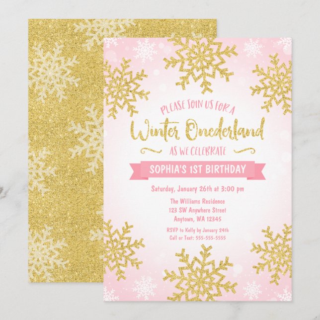 Pink Gold Winter ONEderland 1st Birthday Invitation (Front/Back)