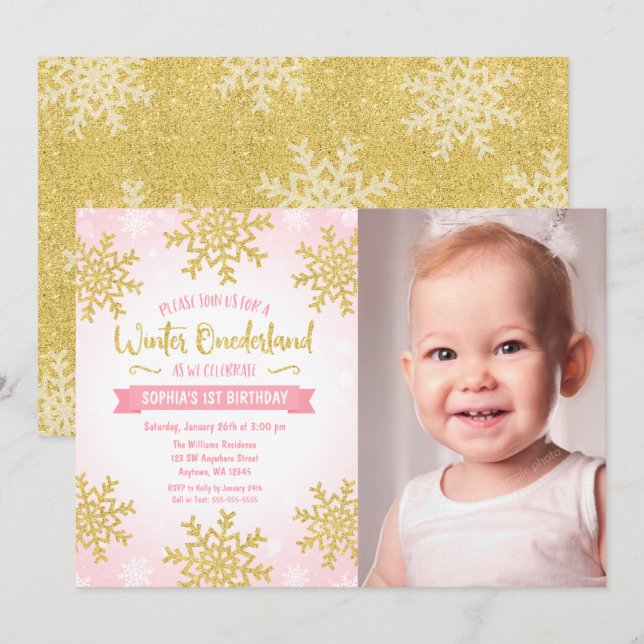 Pink Gold Winter ONEderland 1st Birthday Photo Invitation (Front/Back)