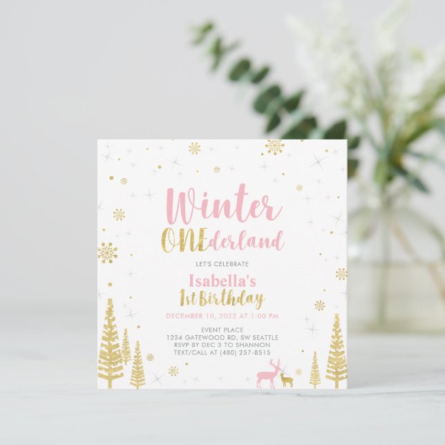 Pink & Gold Winter Onederland 1st First Birthday Invitation (Standing Front)