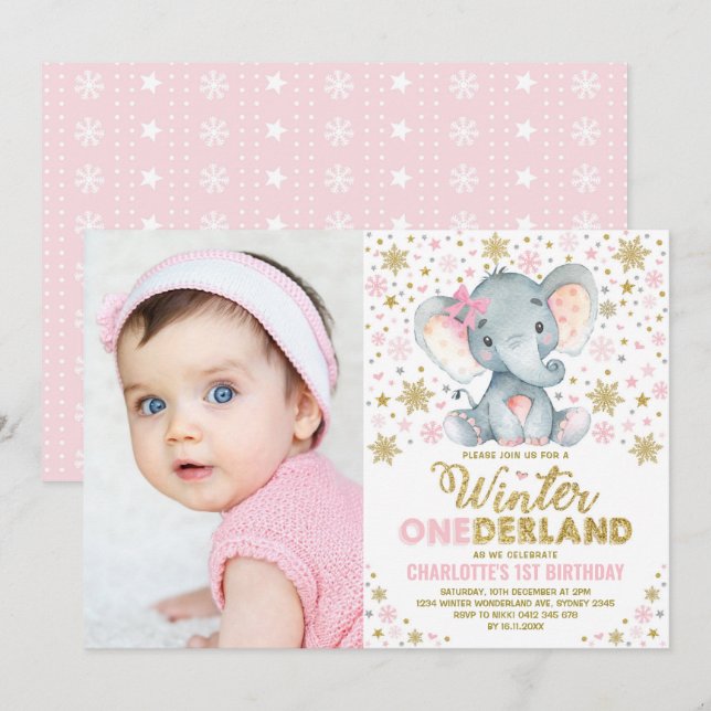 Pink Gold Winter Onederland Elephant 1st Birthday Invitation (Front/Back)