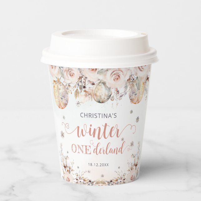 Pink Gold Winter Onederland Girl Birthday  Paper Cups (Front)
