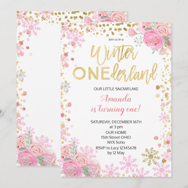 Pink Gold Winter ONEderland Snow Birthday Invite (Front/Back)
