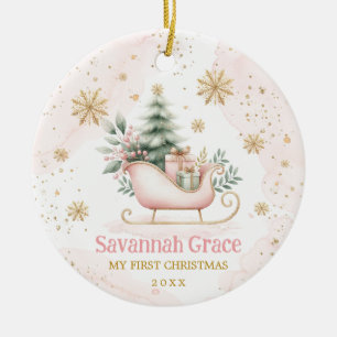 Pink Gold Winter Sleigh Baby Girl 1st Christmas Ceramic Tree Decoration