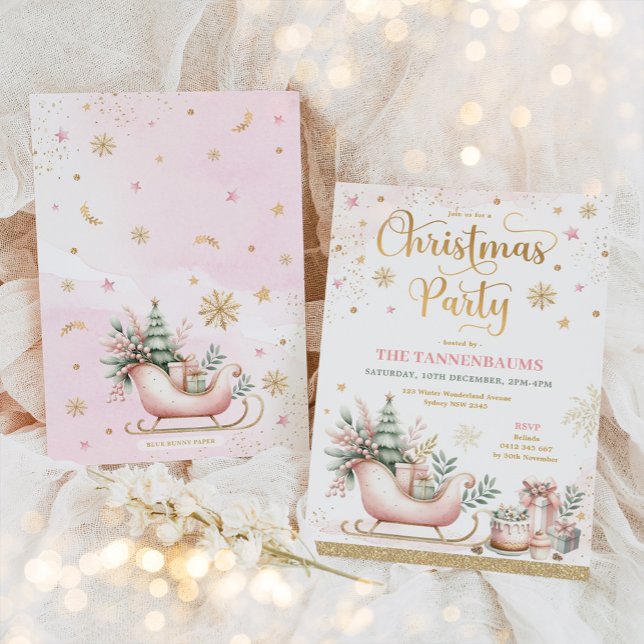 Pink Gold Winter Sleigh Snowflakes Christmas Party Invitation (Creator Uploaded)