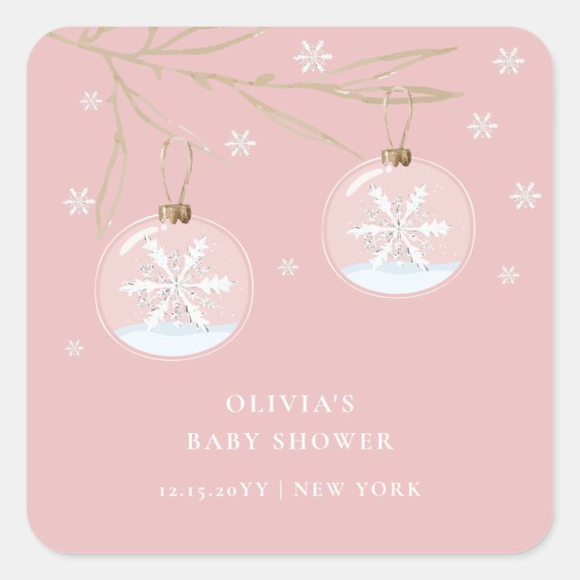 Pink Gold Winter Snowflake Baby Shower  Square Sticker (Front)