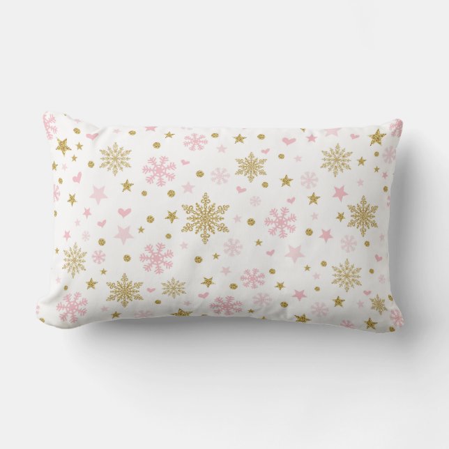 Pink Gold Winter Snowflakes Baby Girl Nursery Gift Lumbar Cushion (Front)