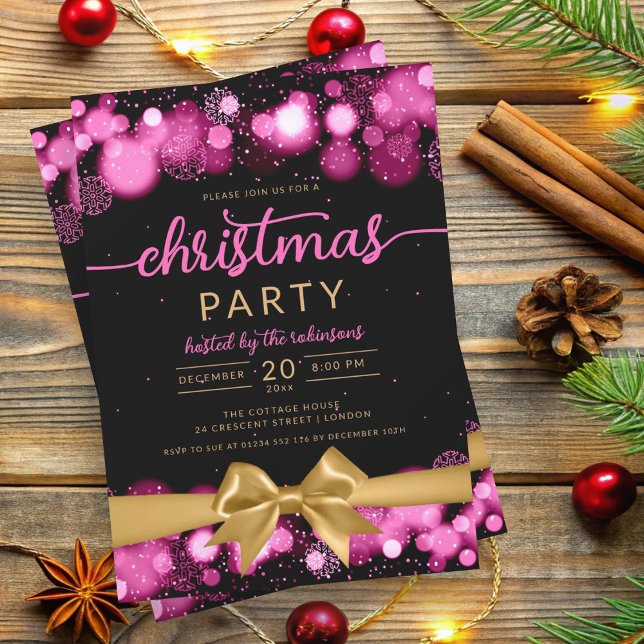 Pink Gold Winter Wonderland Family Xmas Ribbon Invitation (Pink Gold Winter Wonderland Family Xmas Ribbon Invitation)