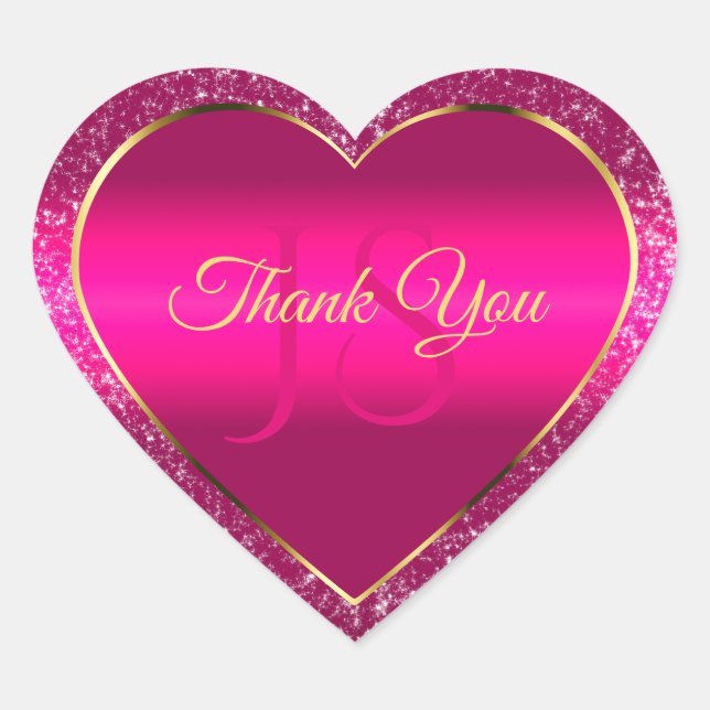 Pink Gold with Glitter and Initials Cute Thank You Heart Sticker (Front)