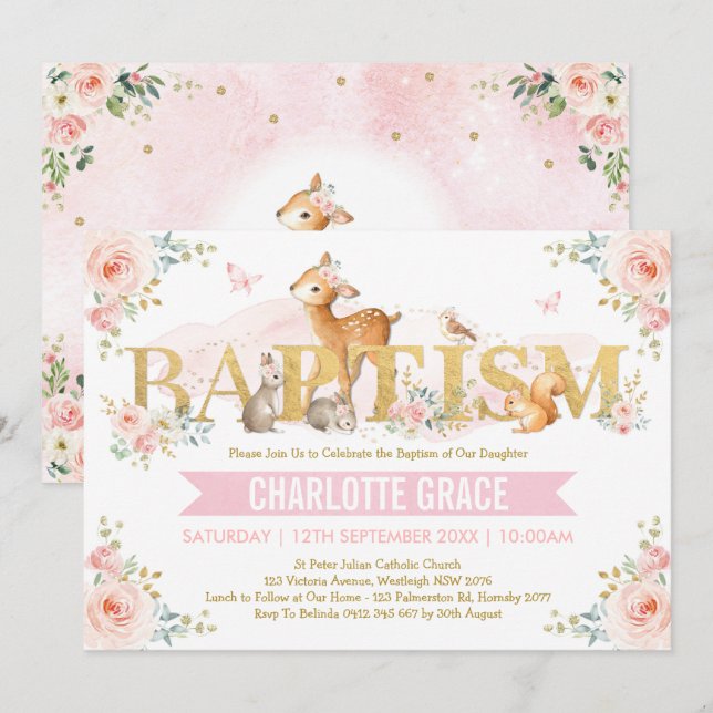 Pink Gold Woodland Animals Blush Floral Baptism Invitation (Front/Back)