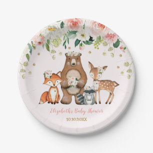 Pink Gold Woodland Animals Forest Floral Baby Girl Paper Plate