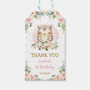 Pink Gold Woodland Owl Pink Roses Birthday Favors Gift Tags