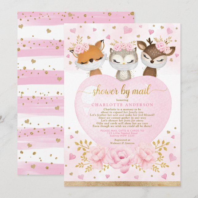 Pink Gold Woodland Sweetheart Baby Shower By Mail Invitation (Front/Back)