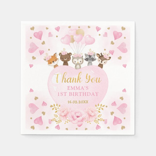 Pink Gold Woodland Sweetheart Valentines Birthday Napkin (Front)