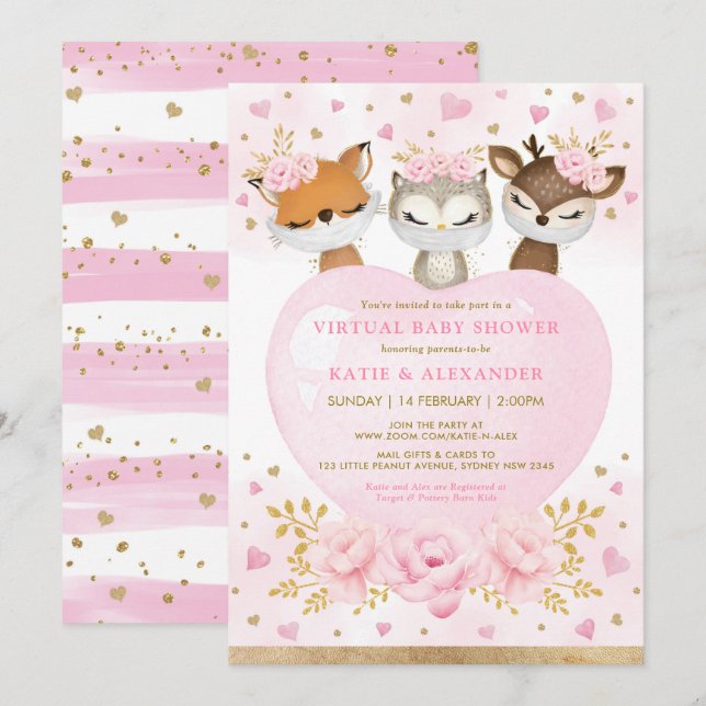 Pink Gold Woodland Sweetheart Virtual Baby Shower Invitation (Front/Back)