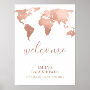 Pink Gold World Map Adventure Baby Shower Welcome Poster