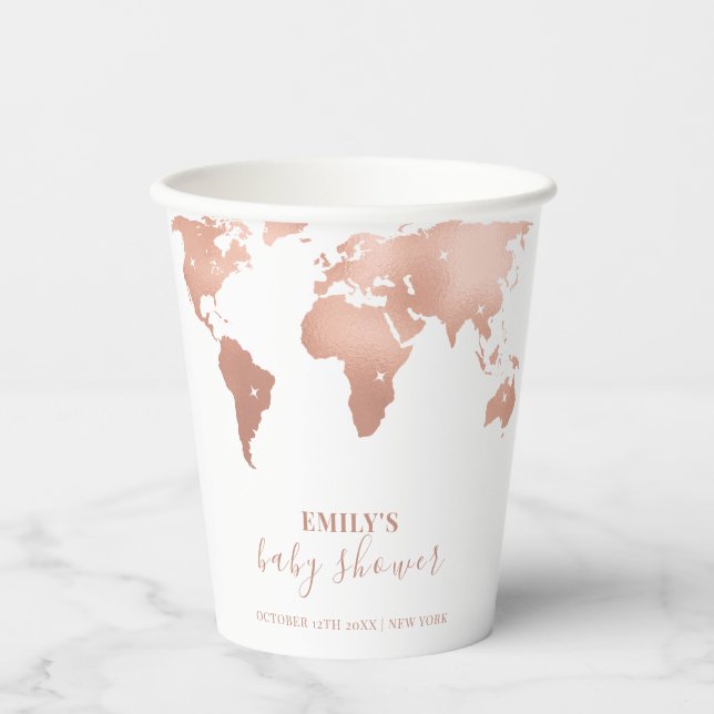 Pink Gold World Map Travel Adventure Baby Shower  Paper Cups (Front)