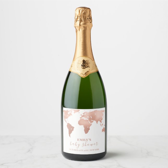 Pink Gold World Map Travel Adventure Baby Shower  Sparkling Wine Label (Front)
