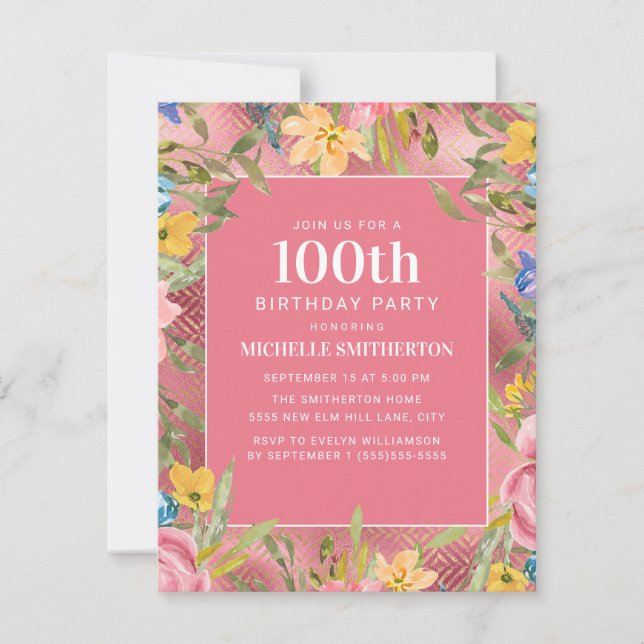 Pink Gold Yellow Blue Floral 100th Birthday Women Invitation (Front)
