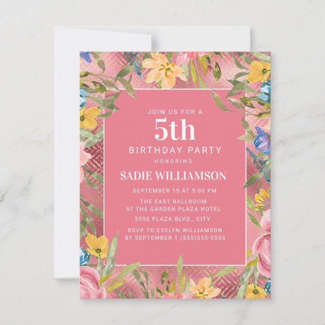 Pink Gold Yellow Blue Floral Girl's 5th Birthday Invitation (Front)