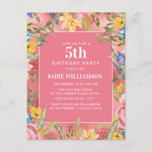 Pink Gold Yellow Blue Floral Girl's 5th Birthday Invitation