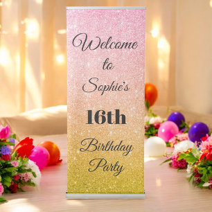 Pink Gold Yellow Glitter Birthday Party Retractable Banner