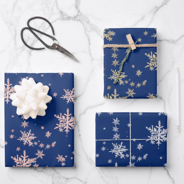Pink Gold Yellow Gold Silver Snowflakes Navy Blue Wrapping Paper Sheet (Front)