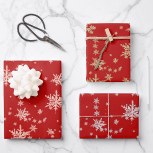 Pink Gold Yellow Gold Silver Snowflakes Red Wrapping Paper Sheet