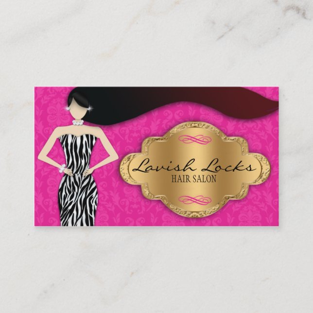 Pink Gold Zebra Damask Hair Stylist Business Card (Front)